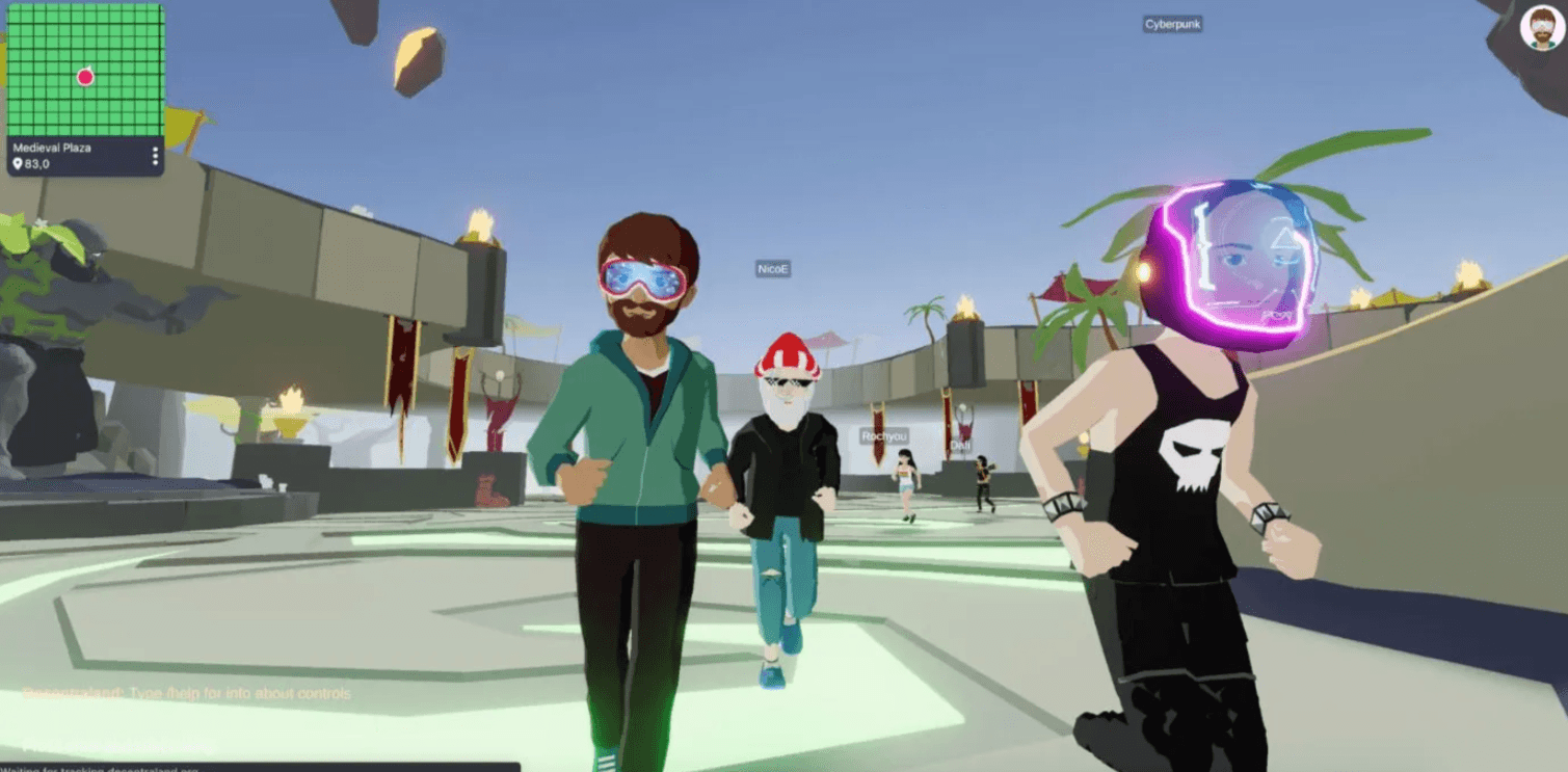 Avatars in Medieval Plaza, one of Decentraland's populated squares