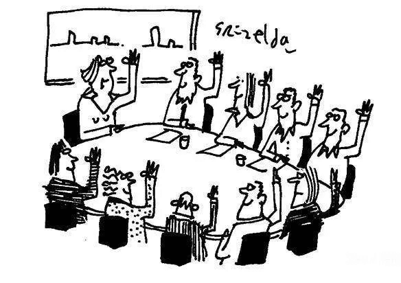 A cartoon of people around a boardroom table with their hands raised